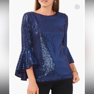 Vince Camuto Sparkle Sequin Flare Sleeve Shimmer Party Top Navy NWT